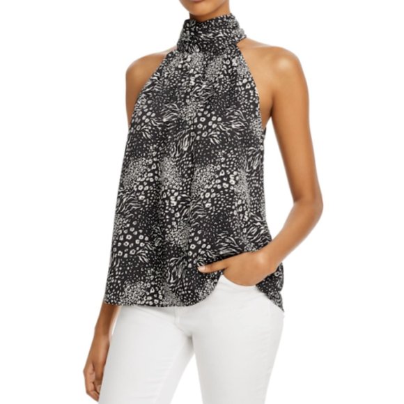 Joie Womens Top Black Animal Print Mock Neck Sleeveless Ruched Blouse Small - Picture 1 of 8